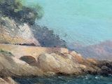 painting of a rocky coast with a bridge and a body of water