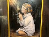 painting of a young girl kneeling on the ground with her hands clasped in prayer