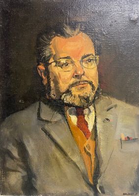 painting of a man in a suit and tie with a red tie