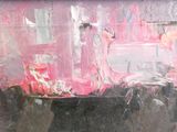 a painting of a woman in a pink dress on a window sill