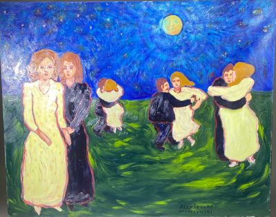 tableau représentant un groupe de femmes dansant dans un champ, avec la pleine lune en arrière-plan