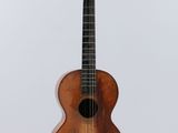 an acoustic guitar hanging from a string on a white background