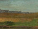painting of cows grazing in a field with mountains in the background