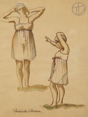 painting of a woman and a child standing in the grass