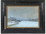 a painting of a snowy landscape with a bridge over a river