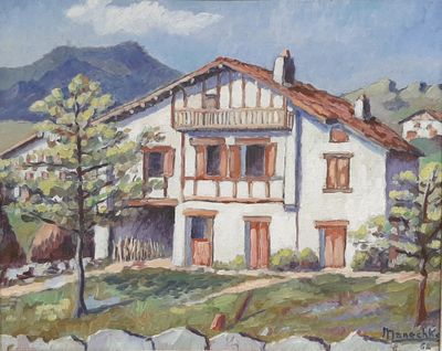 painting of a white house with a brown roof and a red roof