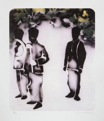 tableau représentant deux hommes debout l'un à côté de l'autre devant un arbre