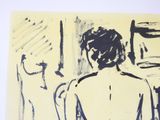 a black and white drawing of a woman sitting in a chair
