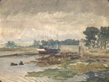 une image d'un tableau représentant un bateau sur l'eau