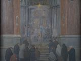 a painting of a group of people sitting in front of a church