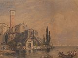 painting of a view of a castle with a boat in the foreground