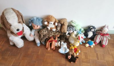 beaucoup de peluches posées par terre
