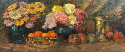 a painting of flowers and fruit on a table