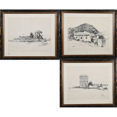 un ensemble de quatre dessins encadrés représentant un paysage