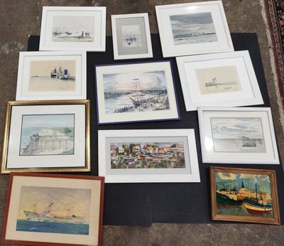several framed and unframed watercolors of boats and ships