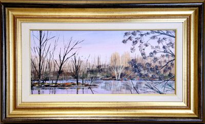 an oil painting of a river scene with trees in the foreground