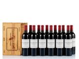 six bottles of red wine in a wooden box