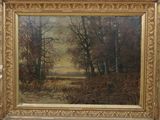 une peinture à l'huile représentant un paysage boisé avec des arbres et une rivière