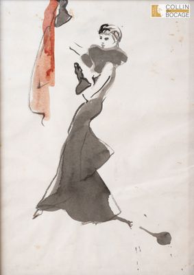 dessin représentant une femme en robe longue tenant un parapluie
