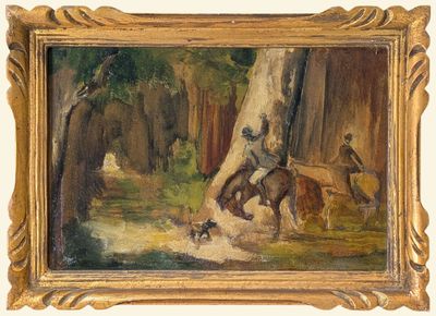 tableau représentant un homme à cheval dans une zone boisée, accompagné d'un chien