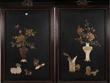 two framed pictures of vases with flowers and birds in them