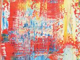 une peinture abstraite composée de rouge, de bleu, de jaune et de blanc