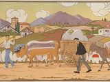 a picture of a painting of a man walking with a wagon