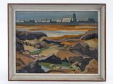 an oil painting of a beach scene with rocks and houses in the background