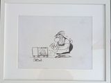 drawing of a man sitting at a desk in front of a laptop computer