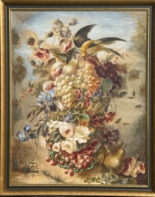 Panneau décoratif peint d'une composition de fleurs et de fr…