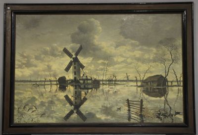 une peinture à l'huile représentant un moulin à vent au bord d'un lac, avec le ciel en arrière-plan