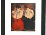 painting of two women in red and white dresses sitting next to each other