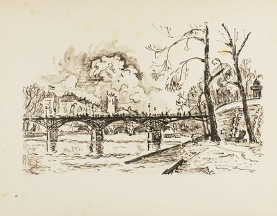 drawing of a drawing of a bridge over a river in a park