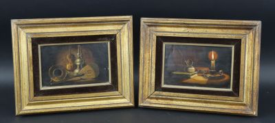 paire de peintures à l'huile représentant une nature morte avec une bougie et des fruits
