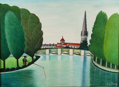 un tableau représentant un pont au-dessus d'une rivière, avec une église en arrière-plan