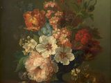 painting of flowers in a blue vase on a table