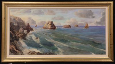 an image of a painting of boats in the ocean near rocks