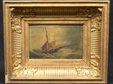une peinture à l'huile représentant un voilier sur une mer agitée