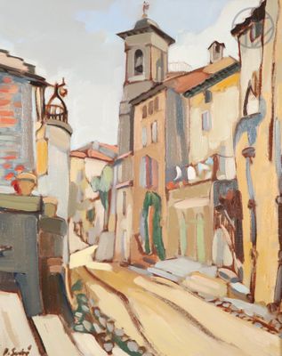 peinture d'une scène de rue avec un clocher d'église en arrière-plan