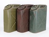 three green, brown, and black jerry cans on a white background