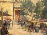 painting of a woman sitting on a bench in front of a building