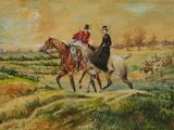 tableau représentant deux hommes à cheval dans un champ près d'un ruisseau
