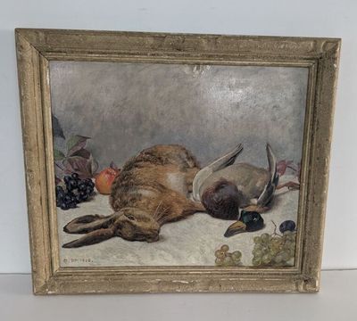 tableau représentant un chien allongé sur une table avec des fruits et des raisins