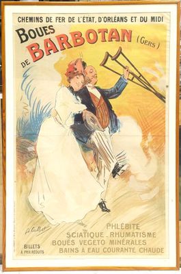 affiche représentant un homme et une femme sur une plage, avec une béquille