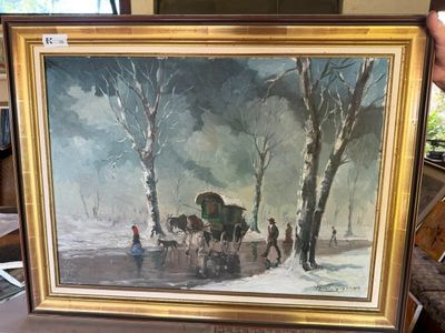 un tableau représentant une calèche tirée par des chevaux dans la neige