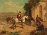 tableau représentant un homme à cheval devant un groupe d'hommes