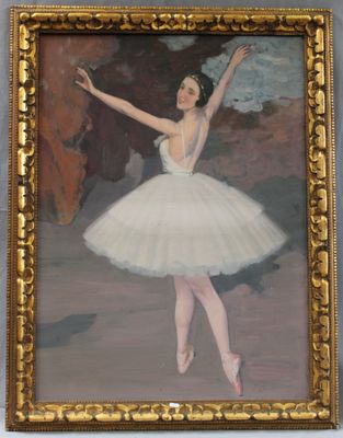 painting of a ballerina in a white tutu in a gold frame