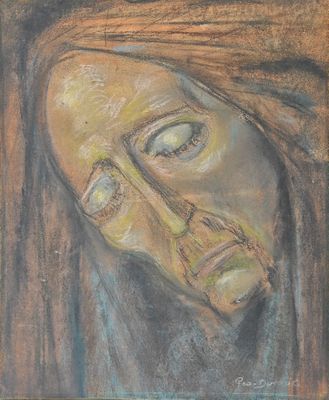 peinture représentant le visage d'une femme, réalisée au pastel sur papier