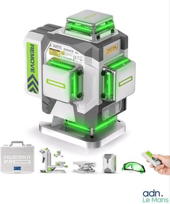 une image représentant un niveau laser vert et une main tenant un outil