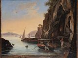 painting of people in a boat on the water near a rocky shore